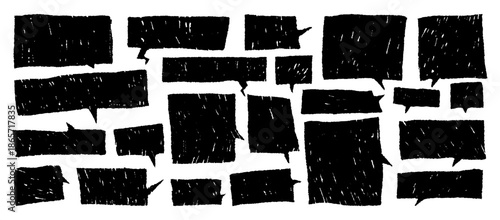 Black grunge speech bubbles with rough pencil texture. Bold rectangular ink doodle shapes for punk collages. Crayon drawn geometric square, rectangle text boxes for emphasis.Sketch dialog chat frames.