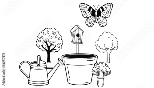A black and white illustration of gardening tools and nature silhouette