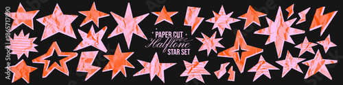 Irregular pink paper cut halftone stars with crumpled retro texture. Collage scrapbook cute star shapes with torn edges. Bold funky sticker set. Whimsical spark, lightning, twinkle forms.