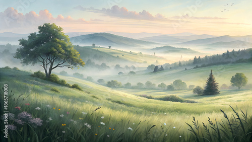 Spring Equinox atmospheric watercolor landscape in soft pastel tones representing renewal, balance, and seasonal transition