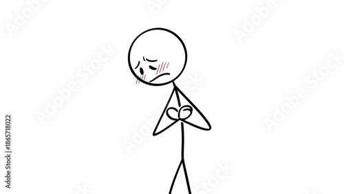Cartoon Stick Man Standing with Crossed Arms, Blushing and Looking Shy or Embarrassed, Isolated White Background.