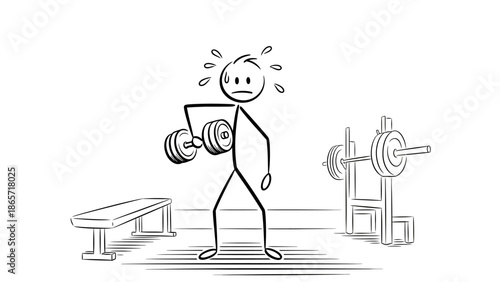 Cartoon Stick Man Struggling to Lift a Heavy Dumbbell During Workout at the Gym.