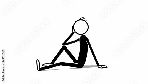 Cartoon Stick Man Sitting on Ground Resting His Head on Hand, Feeling Tired or Depressed, Isolated White Background.