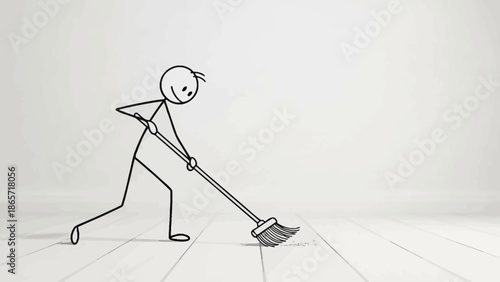 Diligent stick figure sweeping the floor diligently cleaning in bright studio