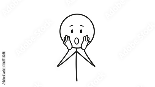 Shocked stick figure with hands on face expressing surprise and amazement on isolated white background