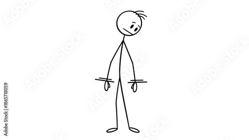 Helpless stick figure standing with open hands feeling lost and confused on isolated white background