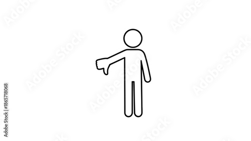Disapproving stick figure showing thumbs down gesture indicating rejection on isolated white background