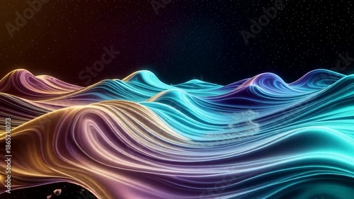 Vibrant digital waves flow through space with sparkling particles