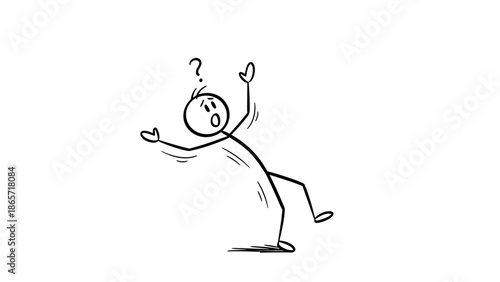 Confused stick figure falling backward feeling shocked and surprised on isolated white background