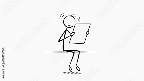 Focused stick figure sitting and drawing on tablet or paper on isolated white background