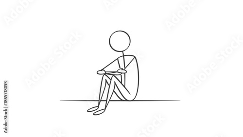 Depressed stick figure sitting alone on ground feeling sad on isolated white background