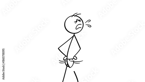 Sick stick figure holding stomach in pain feeling unwell on isolated white background