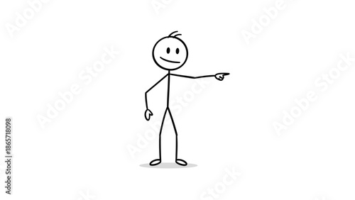 Happy stick figure pointing finger demonstrating something on isolated white background