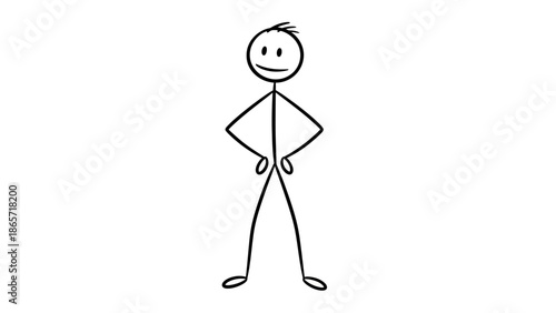Confident stick figure man standing proudly with hands on hips on an isolated white background.