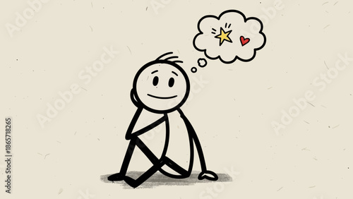 Thoughtful stick figure man sitting, dreaming about love and goals in a bright studio.