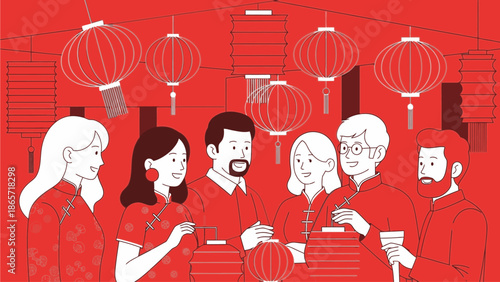 Illustration of a diverse group of people celebrating Chinese's Day with traditional lanterns in a vibrant red setting.