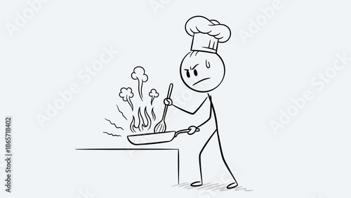 Angry Stick Figure Chef Cooking with Smoke from Frying Pan on Grey Background