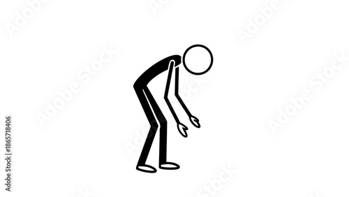 Exhausted Stick Figure Man Bending Over in Pain or Fatigue on Isolated White Background