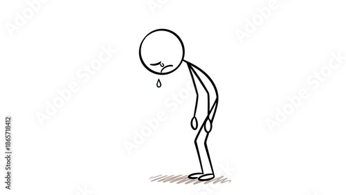 Sad Stick Figure Man Crying with a Tear Drop, Expressing Grief on Isolated White Background