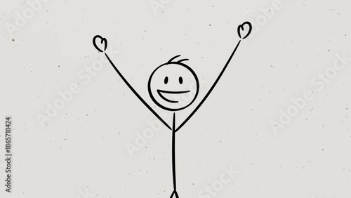 Victorious Stick Figure Man Raising Arms in Celebration on Grey Background
