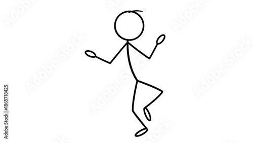 Happy Stick Figure Man Dancing Playfully with Raised Arms on Isolated White Background