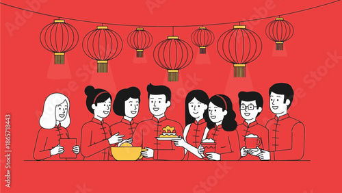 Illustration of diverse people celebrating Chinese's Day with traditional lanterns and red decorations in a vibrant setting.