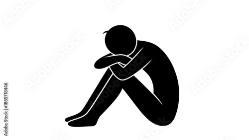 Depressed Person Sitting in Fetal Position, Silhouette with Head on Knees on Isolated White Background