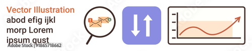 Business communication, data transfer, analytics, growth tracking, online tools, corporate strategy. Magnifying glass on an envelope, arrow icon and upward graph. Business communication and data Free Download Business communication, data transfer, analytics, growth tracking, online tools, corporate strategy. Magnifying glass on an envelope, arrow icon and upward graph. Business communication and data - GFXLoad