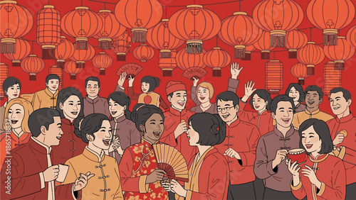 Illustration of diverse people celebrating Chinese's Day with traditional clothing and red lanterns in a lively scene.