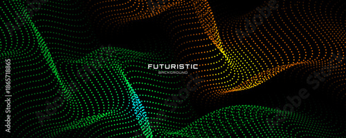 3D green orange techno background on dark space with dotted lines shape effect decoration. Modern graphic design element with glowing dots waves style concept for web, flyer, card, or brochure cover