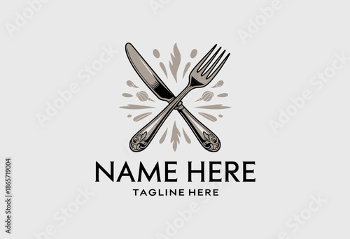 Crossed Fork and Knife with Wheat and Text Placeholders Restaurant
