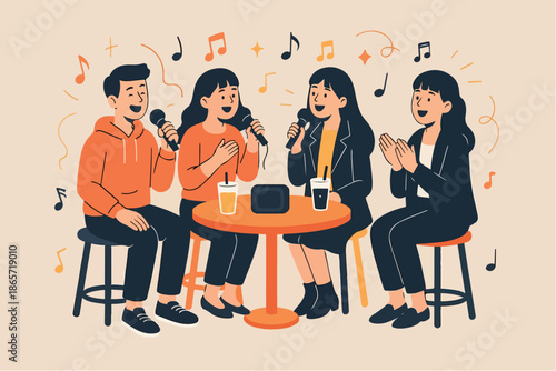 Group of friends singing, chatting, and enjoying drinks together at a table, lively social moment illustration
