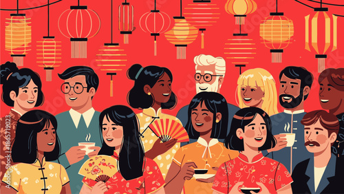 Illustration of diverse people celebrating Chinese's Day with traditional lanterns and clothing in a vibrant red background with a festive mood.
