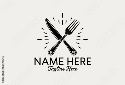 Black and white crossed knife and fork with text placeholder for restaurant branding