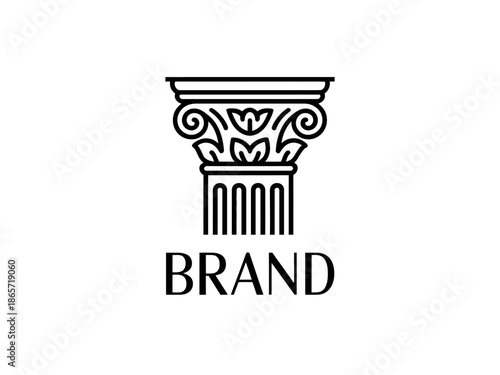 Black and white classical column with the word brand underneath architecture