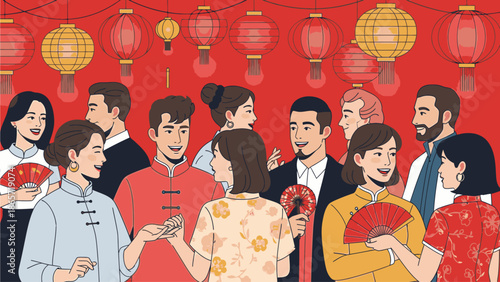 Illustration of diverse people in traditional Chinese clothing celebrating with fans and surrounded by red lanterns on Chinese's Day against a vibrant red background.