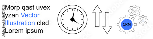 Business strategy, time tracking, CRM systems, workflow optimization, productivity, automation. Clock with arrows and CRM gears. Time tracking and business strategy concept