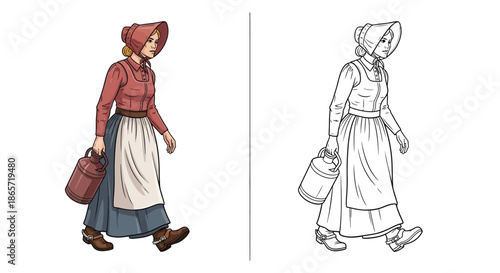 Traditional Farm Woman Carrying Fresh Milk Can Rural Dairy Farming Illustration