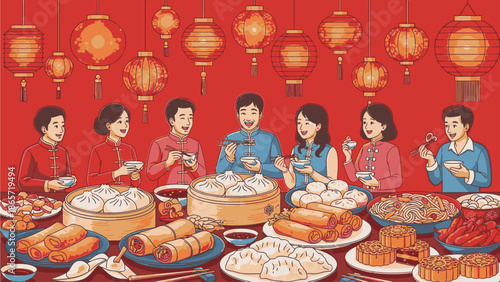 Illustration of a Chinese family enjoying a festive meal together on Chinese's Day with traditional lanterns and various dishes in a warm red setting.