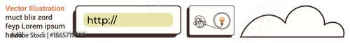 Web development, creativity, cloud computing, internet services, innovation, interface design. URL bar, cloud shape lightbulb icon. Web development and creativity concepts
