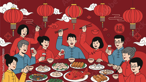 Illustration of a group of people celebrating Chinese's Day with traditional food and lanterns in a festive red setting.