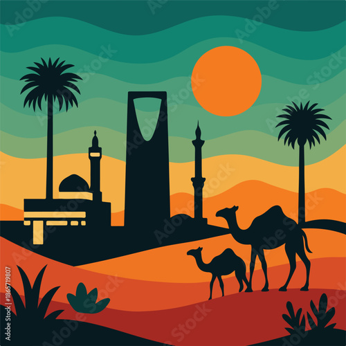Illustration of desert city landscape with camel and palm trees. Concept of middle east travel and cultural scenery.