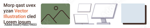 Technology, workplace decor, graphic design, minimalism, creativity, digital tools. Set of desktop display icons and a mountain landscape box design. Technology and workplace decor concept