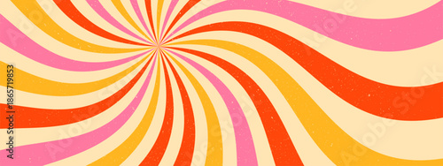 Swirl sunburst abstract background. Groovy retro poster design. Psychedelic radial burst with grunge texture.