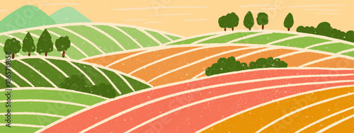 Abstract vineyard valley landscape. Colorful striped farm fields, green hills and trees with rustic grain texture.