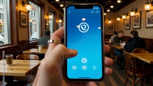 Hand holding smartphone with black screen in cozy cafe interior