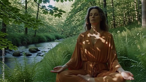 Serene woman meditating by tranquil forest stream