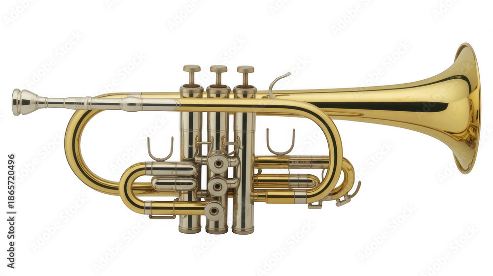 Obraz premium Shiny gold trumpet with valves musical instrument brass isolated on a transparent background