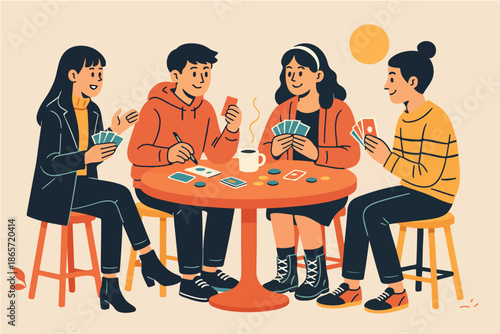 Illustration of friends playing board games together at a table. Concept of fun, leisure, teamwork, and social bonding.