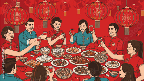 Illustration of a diverse group of people celebrating Chinese's Day with a festive meal and toasts in a vibrant red setting with traditional lanterns.